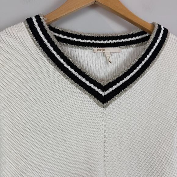 Maje Meteo Sweater Women 1 Small Ivory Knit Ribbed V-Neck Tennis Preppy Jumper - Picture 3 of 7